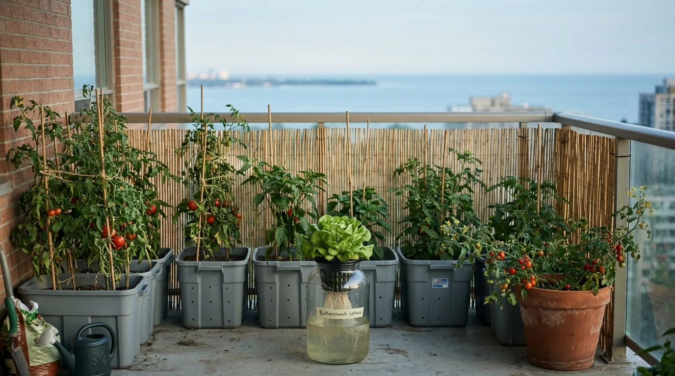 Urban gardening on a Toronto eighth-floor balcony with sub-irrigated planters, a Kratky jar lettuce, and Lake Ontario beyond