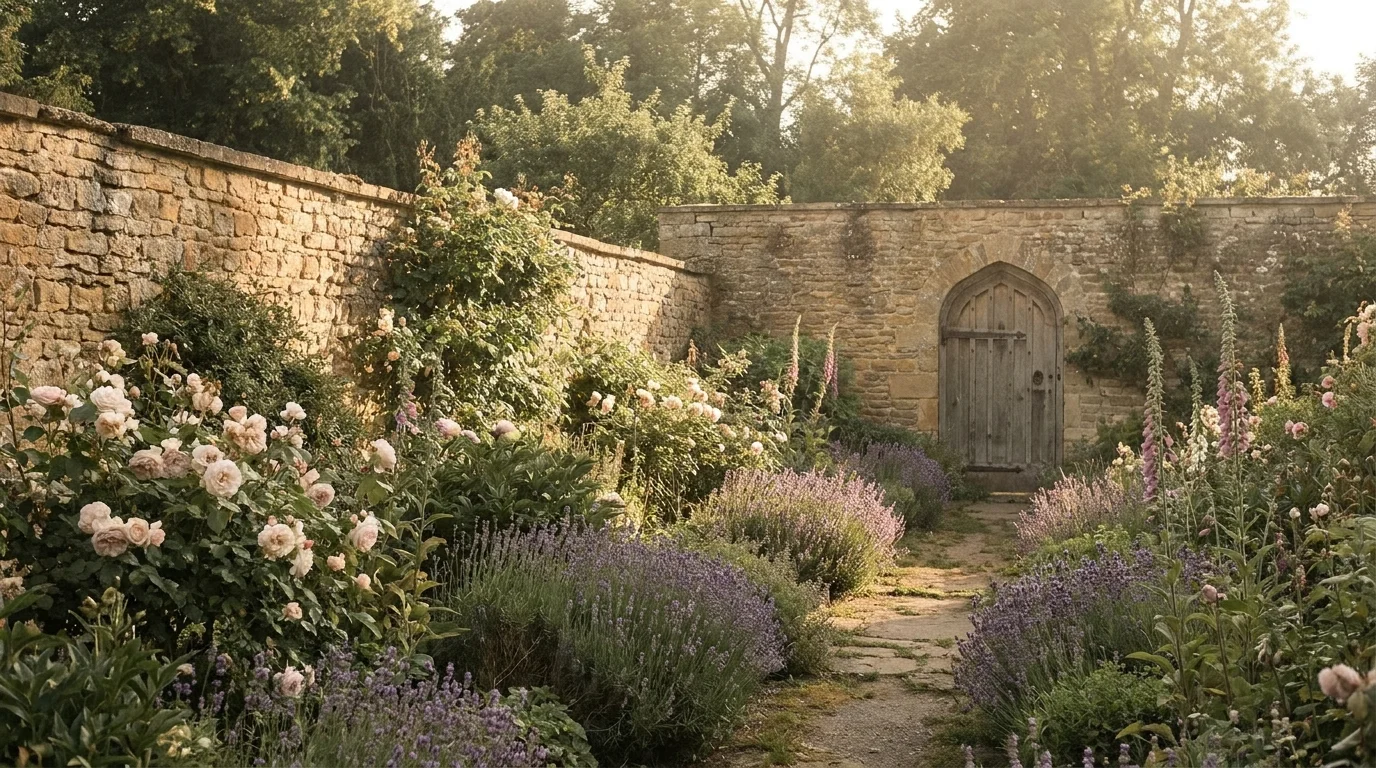 An old walled cottage garden of roses, lavender and foxgloves leading to an arched doorway, a garden of plant symbolism