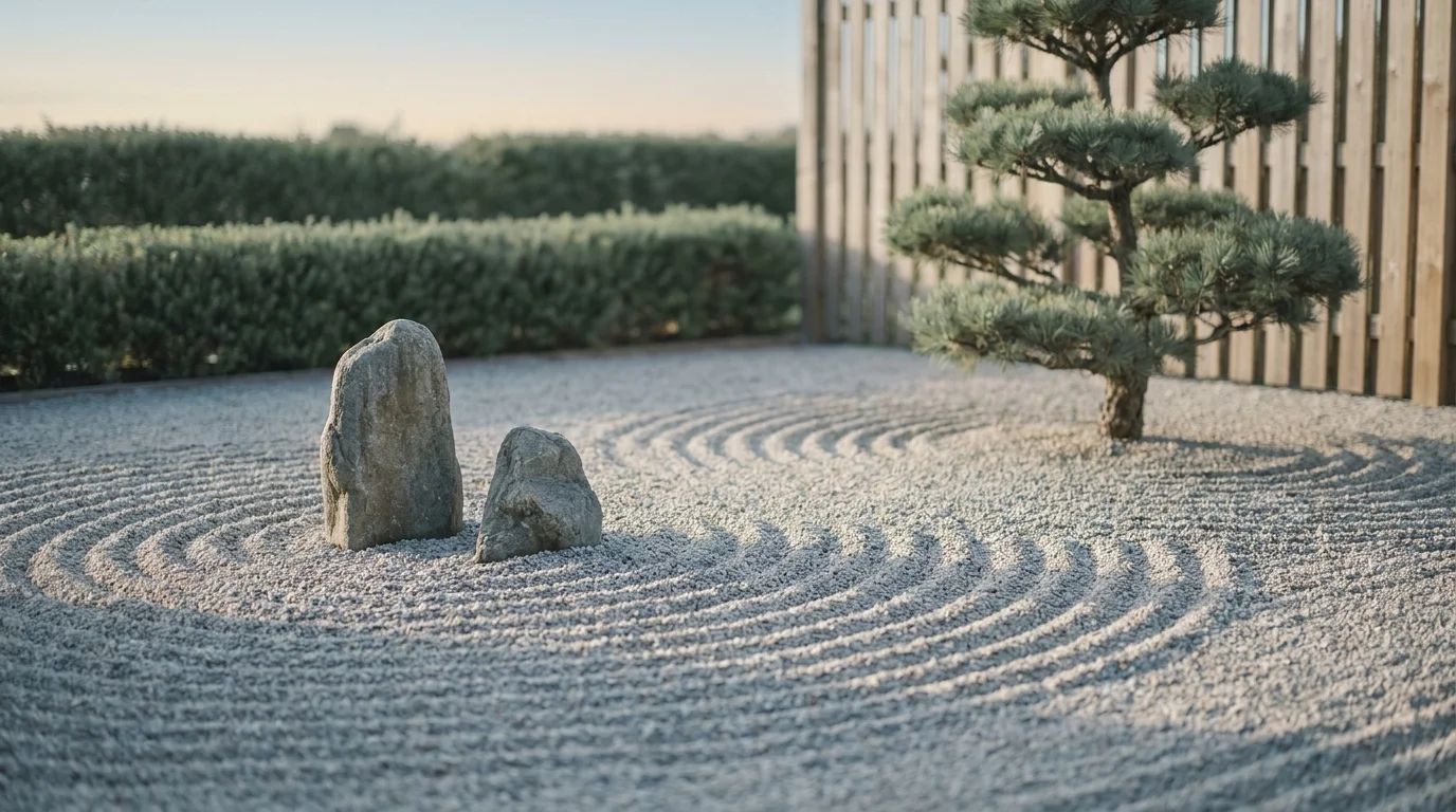 Meditation garden at first light — Zen courtyard with raked gravel and two stones beside a Niwaki-pruned pine