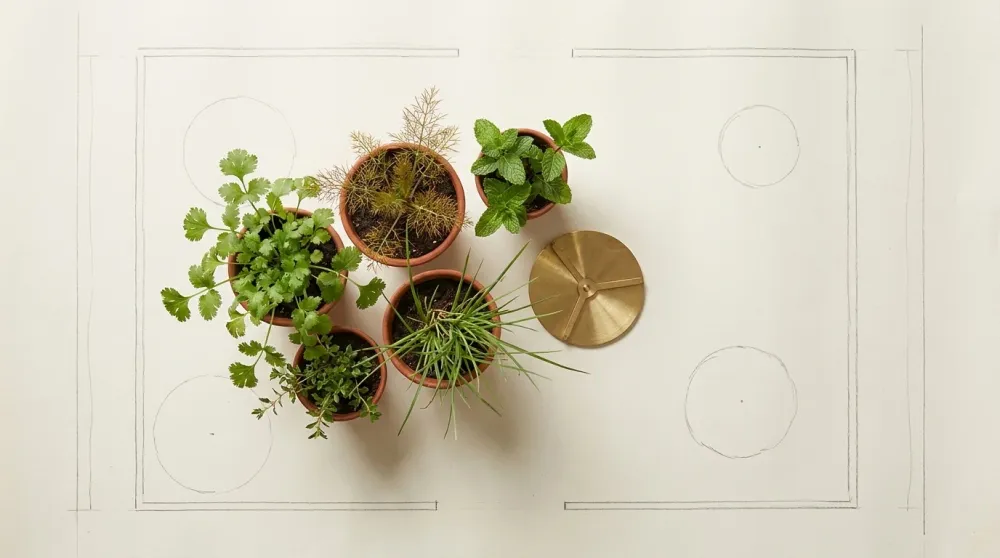 Overhead flat-lay of a hand-drawn garden plan with coriander, fennel and mint in small terracotta pots for dosha balancing