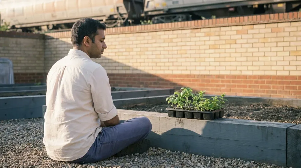 Gardener seated cross-legged at the edge of a raised bed with eyes closed in soft golden first light, seedling tray beside