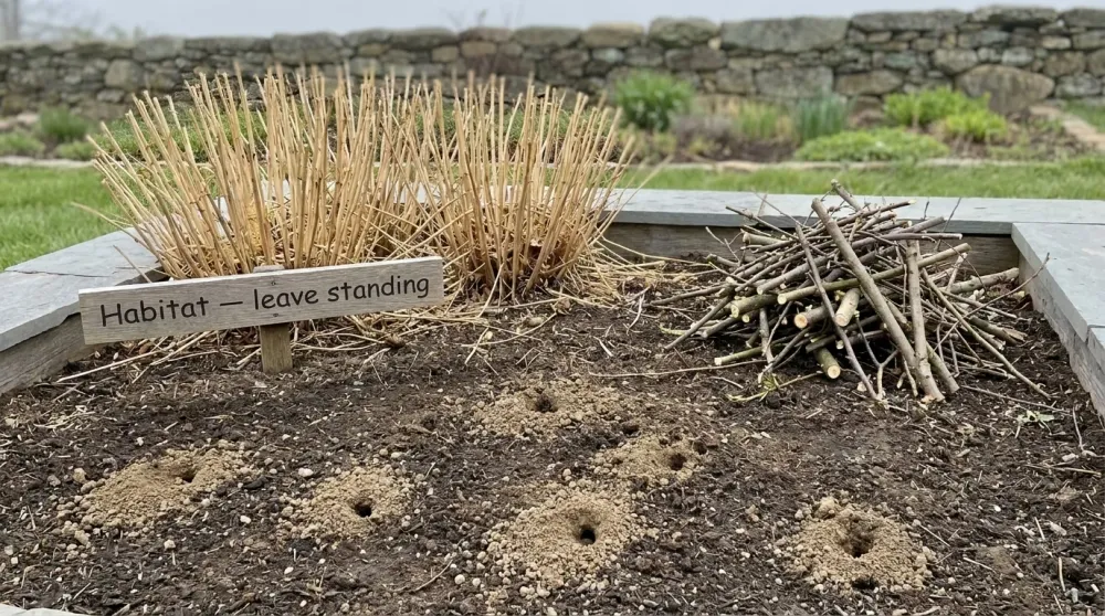 A pollinator habitat corner with a bare-soil ground-nesting patch, a brush pile, and standing dried perennial stems
