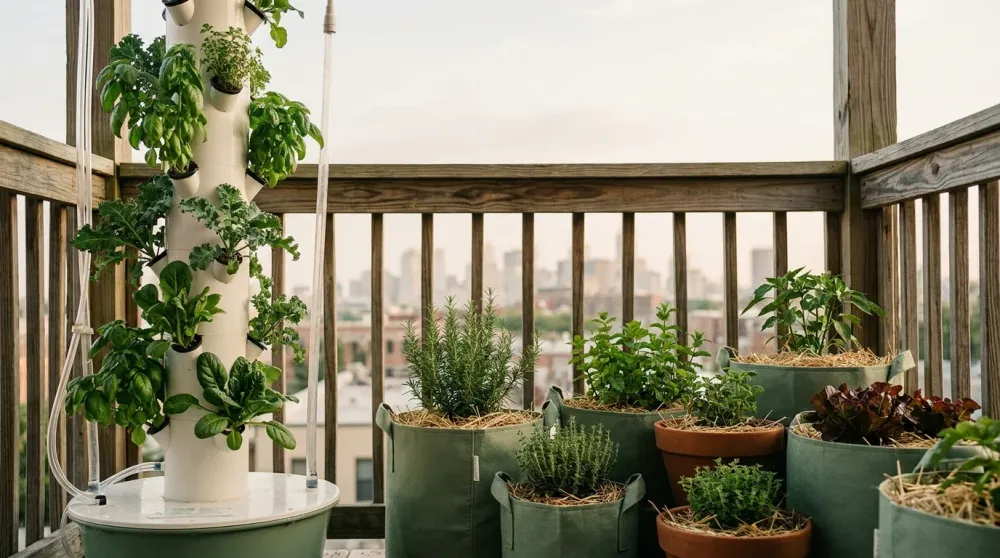 Small urban balcony with a hydroponic tower beside soil-filled fabric planters, a hydroponics vs soil setup in morning light