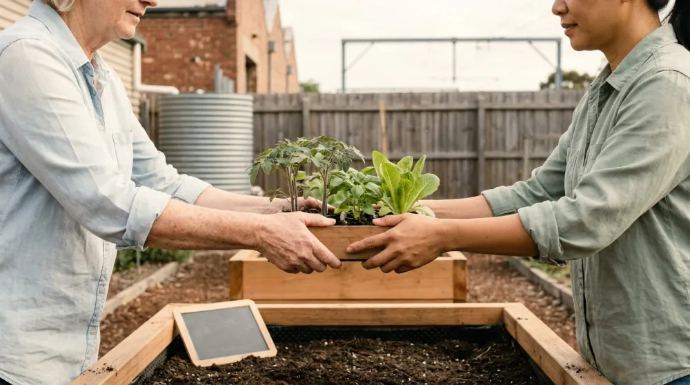Two pairs of hands passing a tray of tomato and lettuce seedlings across a cedar raised bed at a Brunswick community garden