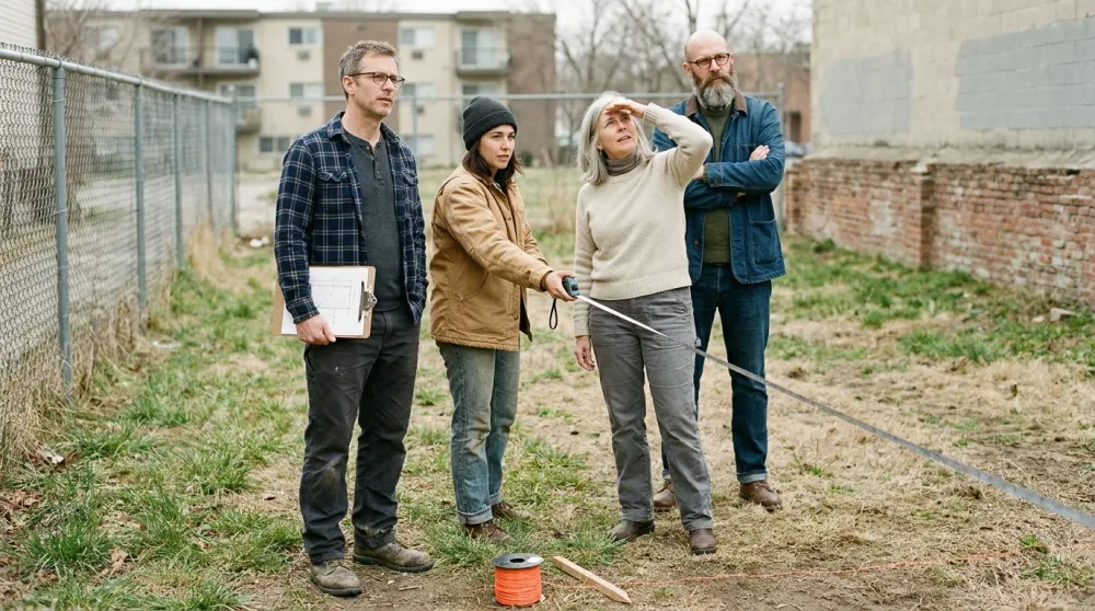 Planning committee for a new community garden on a site visit at an empty urban lot with clipboard and measuring tape