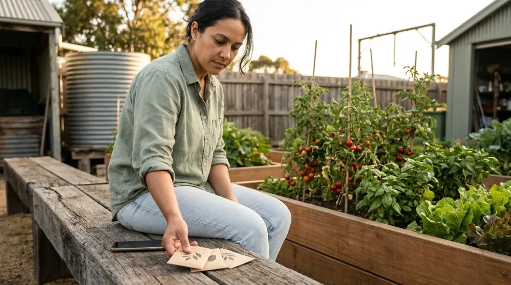 Gardener on a community-plot bench in golden-hour light holding three kraft seed packets, the phone resting face-down beside