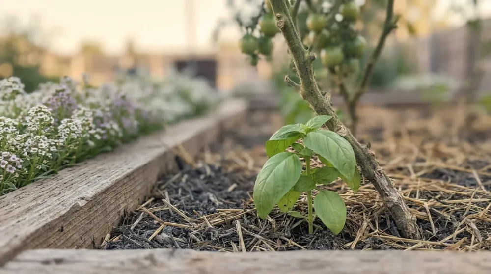 Companion planting basil at the base of a tomato plant in a cedar raised bed with sweet alyssum flowering at the edge