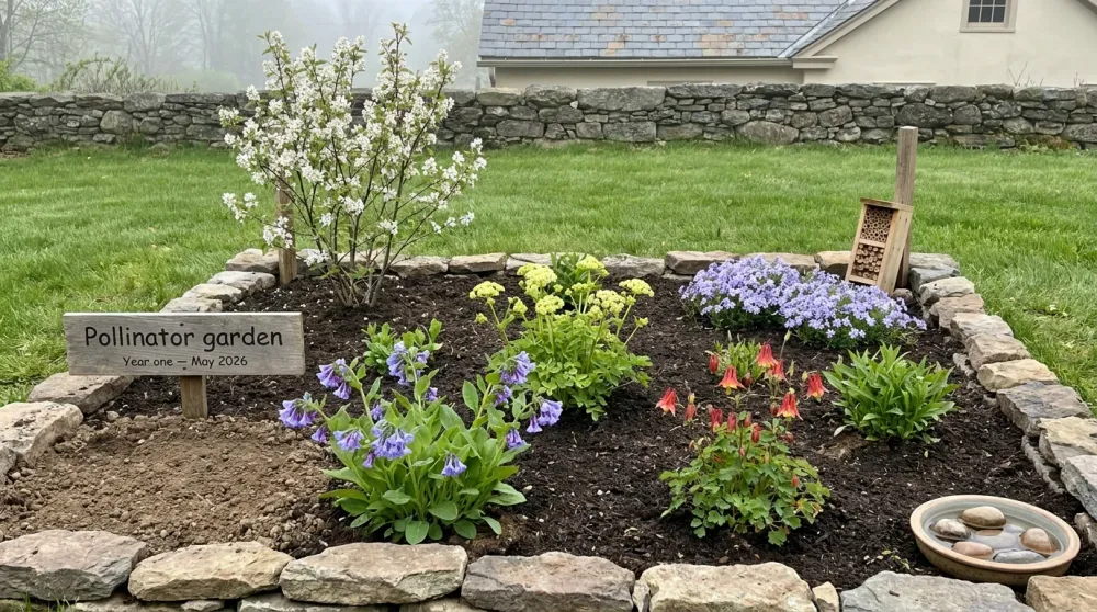 First-season backyard pollinator garden in the Hudson Valley with named natives, bare-earth patch, and water dish