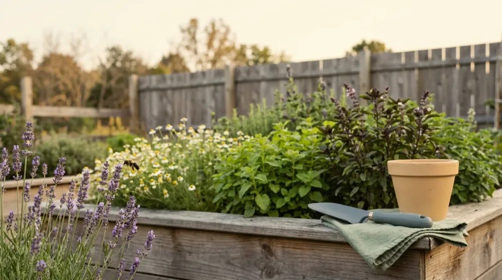 Hudson Valley medicinal herb garden in late-afternoon light with a long-tongued miner bee on blooming English lavender