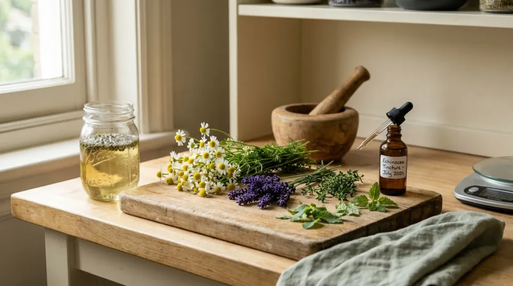 Medicinal herb garden harvest at a workbench: chamomile, lavender spikes, a tincture dropper, and a jar of infused oil