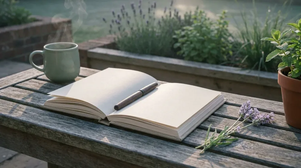 Mindful gardening morning routine — journal, pen, herbal tea mug, and lavender on a weathered bench at first light