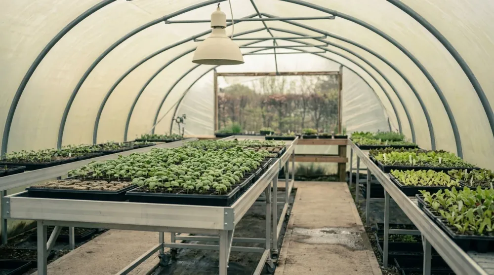 Horticultural therapy polytunnel interior — propagation bench with basil seedling trays in diffused natural light