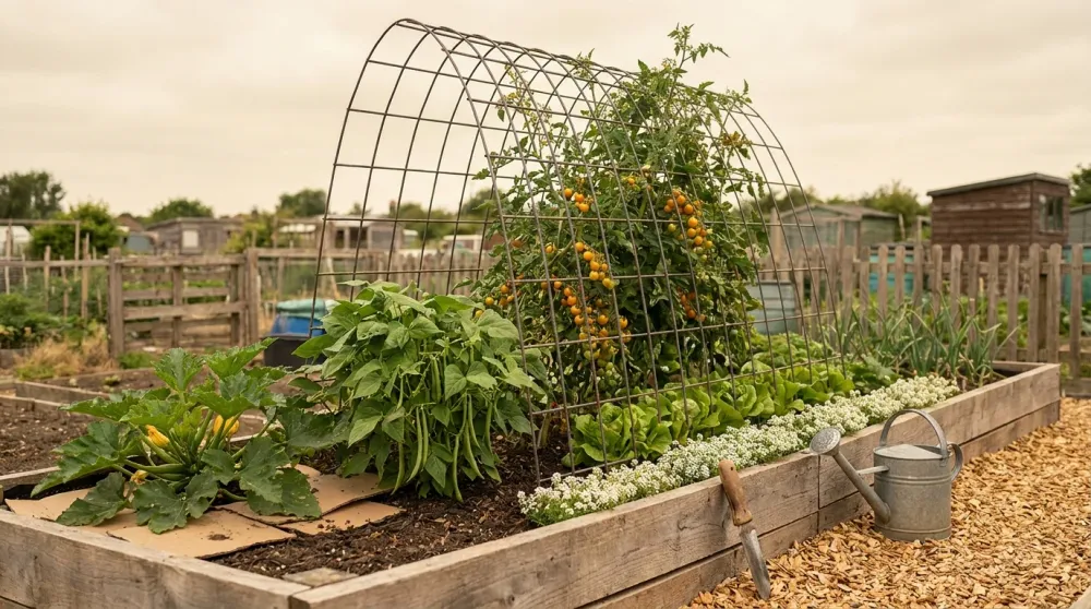Organic vegetable garden: cedar raised bed in June with cherry tomato on a cattle-panel arch, courgette, and alyssum edging