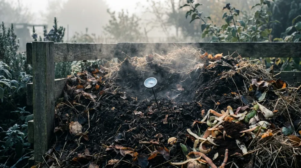 A steaming active compost pile with a dial thermometer in cool morning light, the science of composting at work