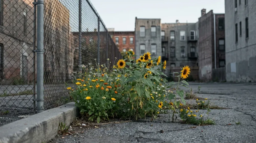 Sunflowers and wildflowers erupting from cracked concrete at a chain-link fence, guerrilla gardening