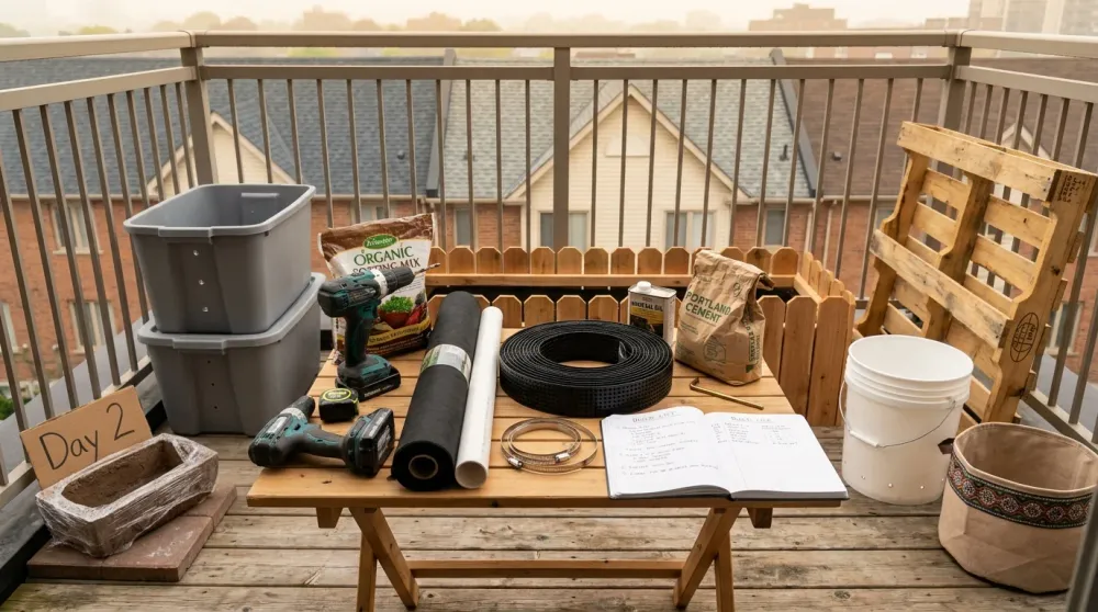 A Toronto balcony mid-Saturday-build with tools, nested-tote SIPs, curing hypertufa, and other DIY planters in progress
