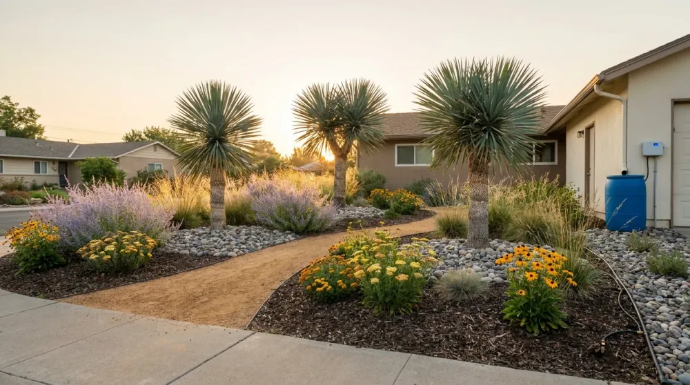 Water-wise gardening: mature xeriscape with yucca, Russian sage, drip line at the bed edge, and a rain barrel by the downspout