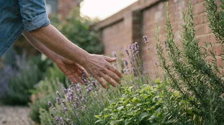 Hands brushing through lavender, rosemary and lemon balm in a sunlit UK sensory border at late afternoon