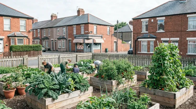A thriving community garden on a reclaimed corner lot among brick row houses, a working food desert solution
