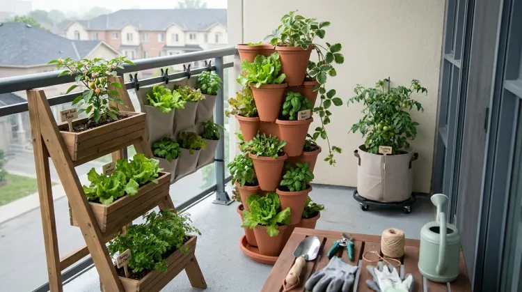 Toronto balcony small space garden ideas — stackable strawberry tower, three-tier planter, fabric pockets, and rolling caddy