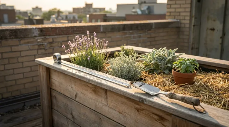 Sensory garden on a Toronto rooftop — accessible raised bed with a tape measure, lavender, and lamb's ear in golden hour