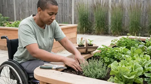 Accessible gardening at a cedar roll-under raised bed — a wheelchair gardener firming soil around a thyme seedling