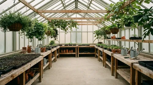 Accessible horticultural therapy greenhouse with wheelchair-height cedar benches, seedling trays and terracotta pots in soft daylight