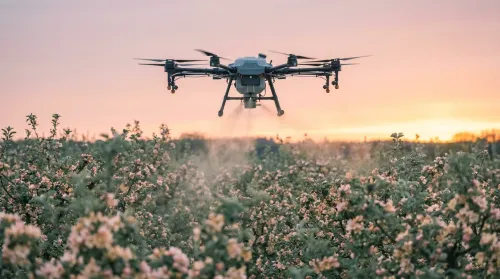 A commercial multirotor pollination drone dispersing pollen over a blossoming fruit orchard at dawn