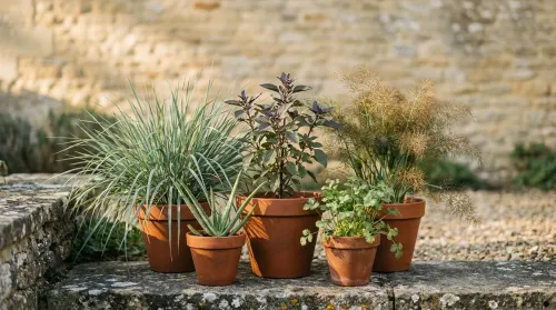 Ayurvedic garden grouping of tulsi, lemongrass and fennel in terracotta pots on a stone step in golden light