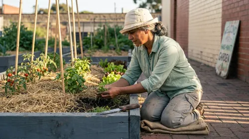 Mental health benefits of gardening: a solo gardener weeding at a Brunswick community plot in late-afternoon light