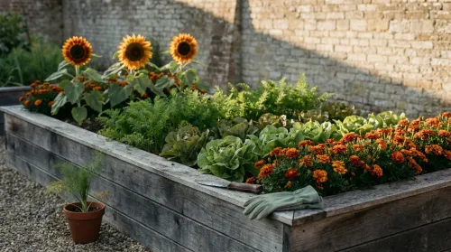 Allelopathy-aware raised bed in late-afternoon light: sunflowers north, marigold border, fennel isolated in a terracotta pot