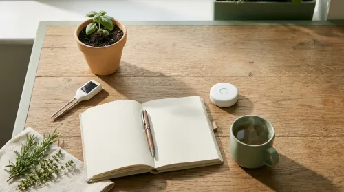 Smart garden flat-lay: wireless soil sensor, basil seedling, notebook, irrigation controller, herbal tea on weathered oak