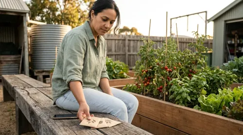 Gardener on a community-plot bench in golden-hour light holding three kraft seed packets, the phone resting face-down beside