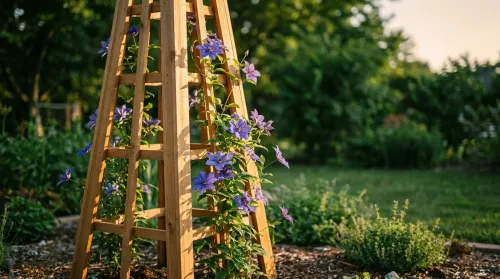 A four-sided garden trellis obelisk supporting a flowering climber in a backyard bed in warm afternoon light