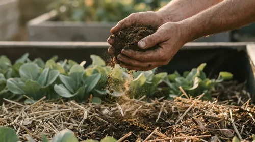 Gardener's hands lifting dark finished compost over a mulched no-dig bed at golden hour, sustainable gardening in practice