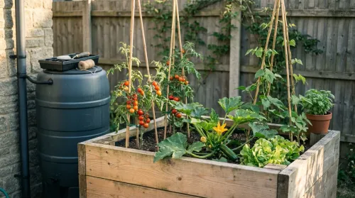 DIY scaffold-board raised bed with cherry tomatoes, courgette, runner beans, and a 200-litre water butt by a UK back fence