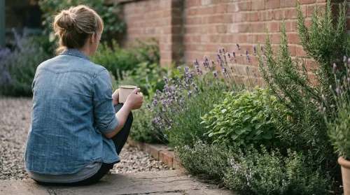 Quiet gardening for stress relief — a person on the back step at dusk with tea, sensory border of lavender and rosemary