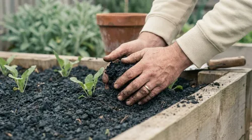 Hands pressing compost around seedlings in a raised bed, everyday sustainable gardening in morning light
