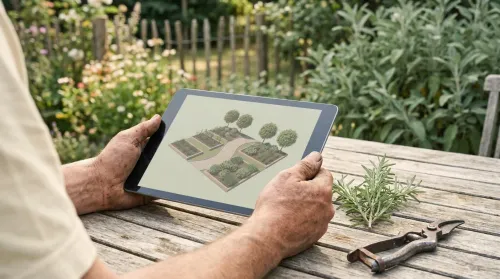 Hands holding a tablet showing a 3D garden-design app plan at a garden table, the real backyard soft behind