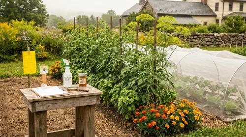 A Hudson Valley vegetable plot in early summer — companion planting, a row cover, and the gear of organic pest control methods