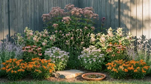 How to start a butterfly garden: a mid-summer border with coneflower, milkweed, bergamot, and Verbena bonariensis