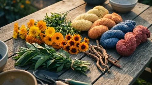 Harvested natural dye plants — marigold, coreopsis, indigo leaves — beside skeins of wool dyed yellow, orange and indigo blue