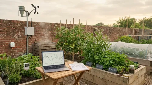 A Norfolk research allotment in midsummer with smart gardening kit — soil sensor, weather station, and a laptop dashboard