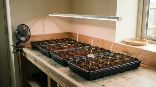 Starting seeds indoors at a pale oak bench: coir-filled propagation trays under an LED grow light bar with tomato cotyledons emerging