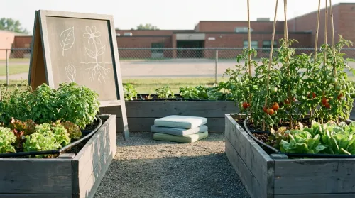 School garden program at sunrise: empty raised beds with summer crops, drip irrigation, and seating cushions ready for class