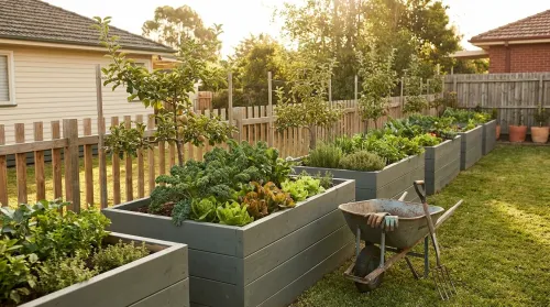 A shared edible garden of timber raised beds running along the low fence line between two backyards, a community garden
