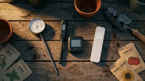 Three soil moisture sensor types — analog dial, digital probe, smart sensor — laid out on a weathered potting bench at dusk
