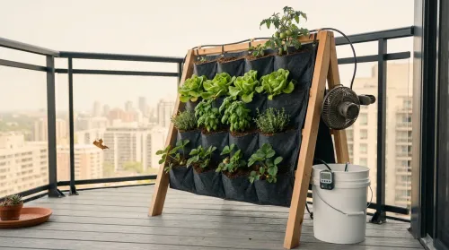 Vertical gardening on a Toronto balcony: freestanding cedar A-frame pocket planter with lettuce, herbs, and a bush tomato