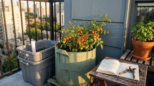 Toronto balcony container gardening for small spaces in golden afternoon light, fabric grow bag with ripening cherry tomatoes