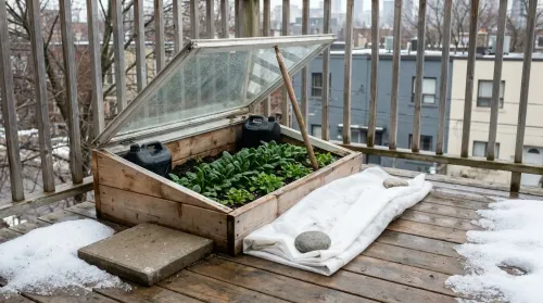 Toronto balcony cold frame with overwintered spinach in early March — the bones of a four-season edible garden